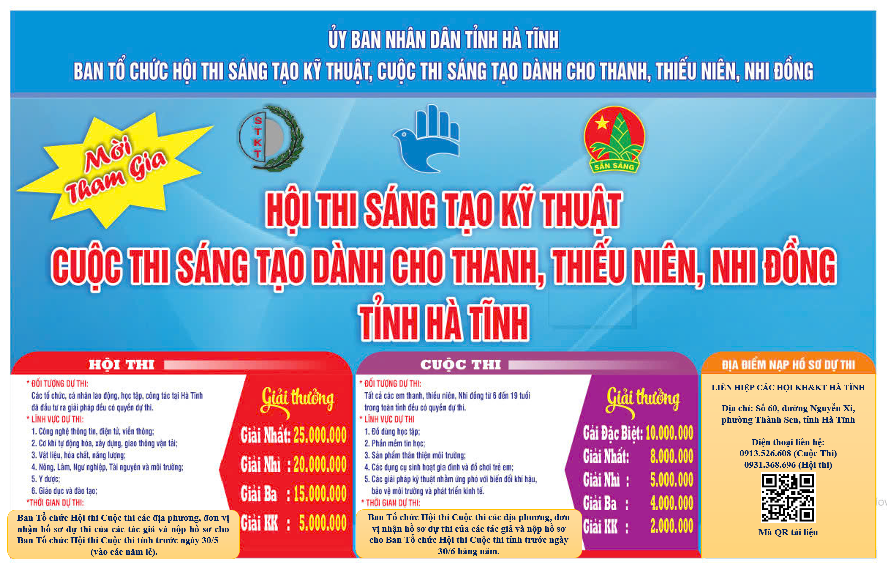 MỜI THAM GIA: HỘI THI SÁNG TẠO KỸ THUẬT LẦN THỨ 14, CUỘC THI SÁNG TẠO DÀNH CHO THANH THIẾU NIÊN NHI ĐỒNG LẦN THỨ 17 TỈNH HÀ TĨNH